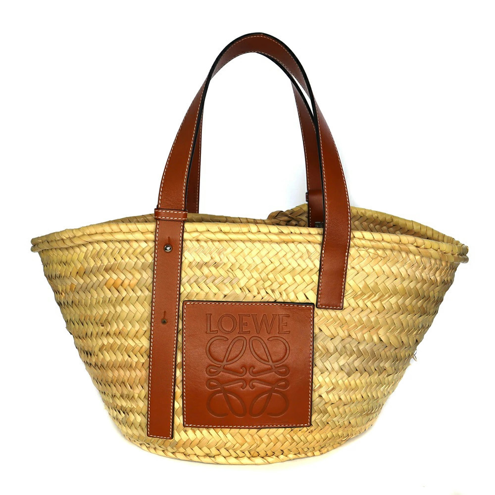 LOEWE Basket Bag Raffia Palm Leaf Brown Logo Leather Calfskin Anagram Tan